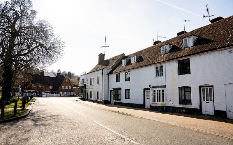 Village street with white houses