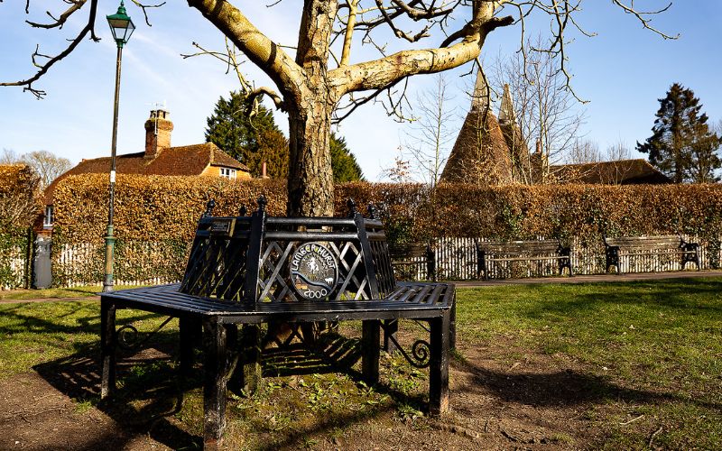Village bench around a tree with an oast house in background